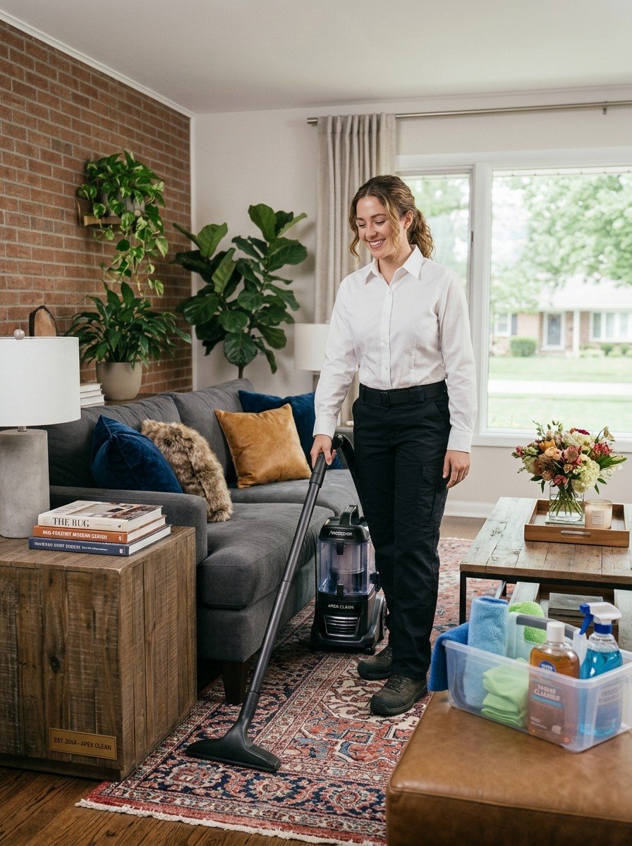 A smiling Houz Glow cleaner vacuuming a rug in a bright Indianapolis living room
